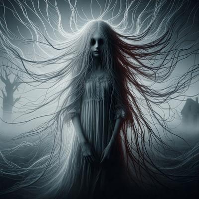 The primary subject of the image is a woman with long, flowing hair. She is wearing a white dress and appears to be a ghostly figure. The setting is a dark, foggy environment, with a house visible in the background. The visual style is a digital art or illustration, creating a haunting and mysterious atmosphere. The colors are predominantly dark, with the woman's white dress standing out against the darker background.